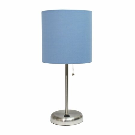 CREEKWOOD HOME Oslo 19.5in Contemporary USB Port Feature Metal Table Lamp, Brushed Steel, Blue Drum Fabric Shade CWT-2012-BL